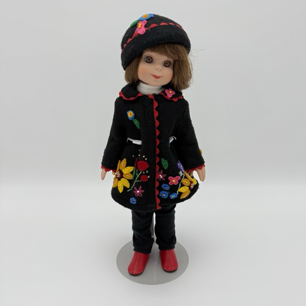 KAISER Girl Doll Floral Embroidered Black Coat Hat Red Boots With Stand